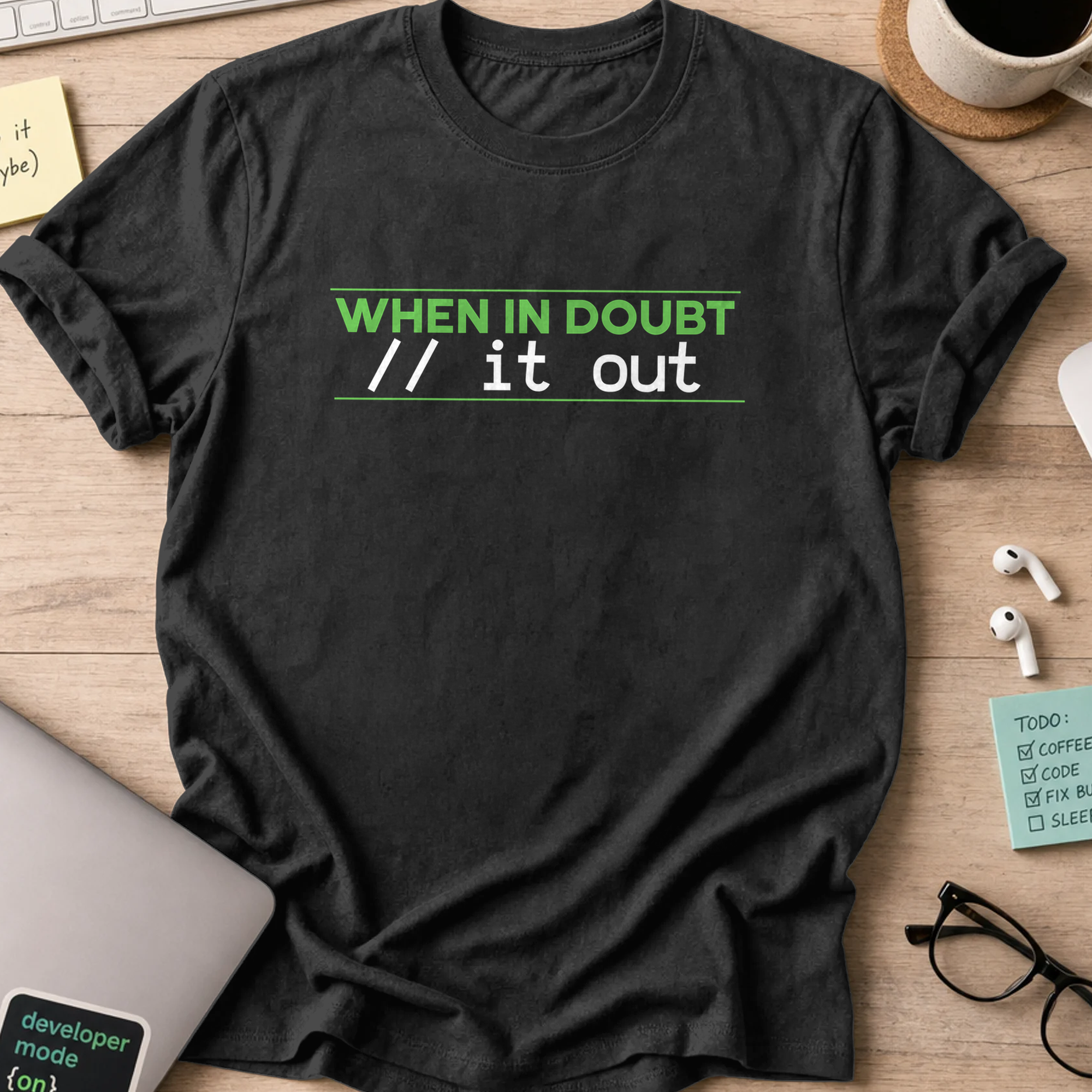 Black programmer shirt printed with "comment it out", a funny developer t-shirt and coding gift for software engineers and coders.