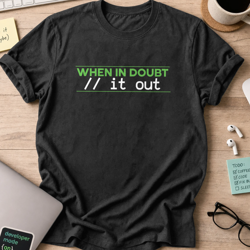 Black programmer shirt printed with "comment it out", a funny developer t-shirt and coding gift for software engineers and coders.