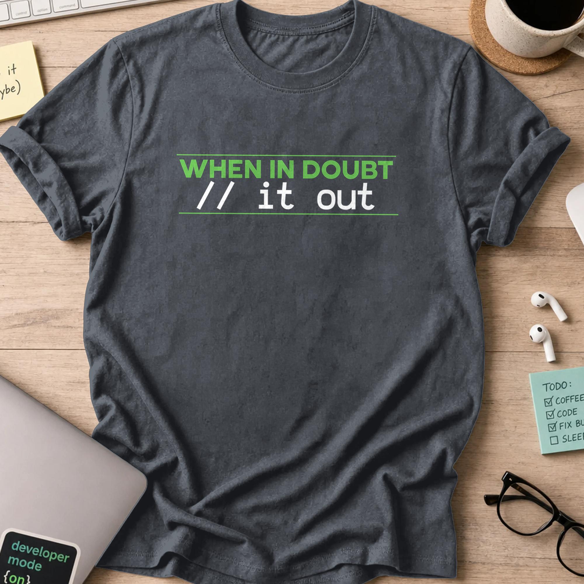 Dark Heather Grey programmer shirt printed with "comment it out", a funny developer t-shirt and coding gift for software engineers and coders.