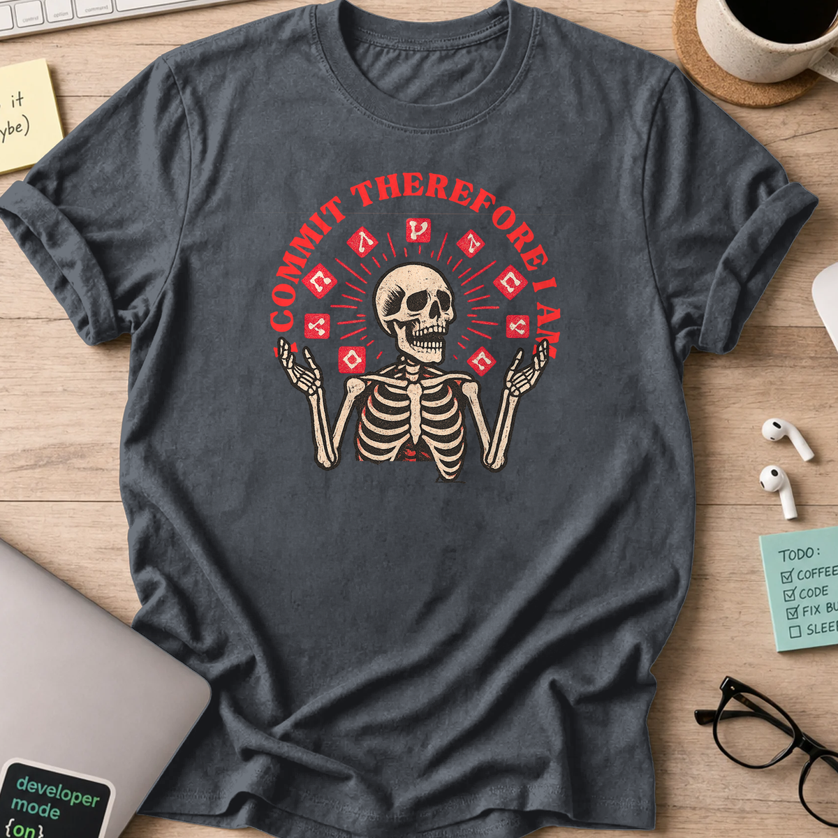 commit therefore i am skeleton shirt - Dark Heather