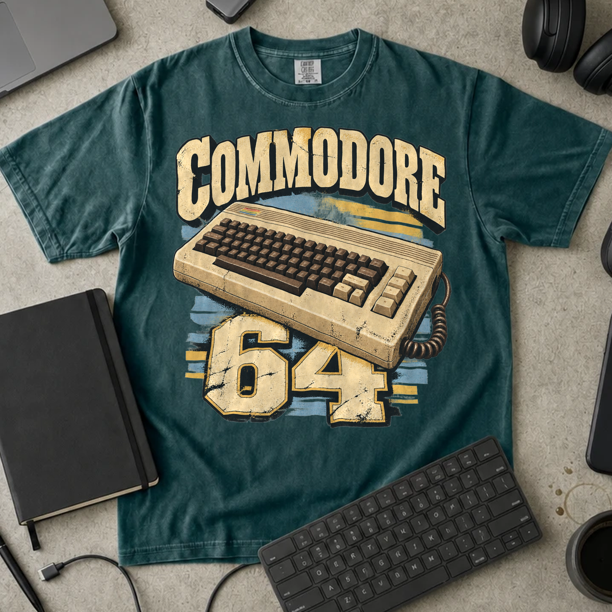 Commodore 64 Shirt — Blue Spruce Comfort Colors 1717 flat lay