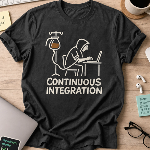 Black devops shirt printed with "continuous integration", a funny programmer t-shirt and coding gift for software engineers and DevOps teams.