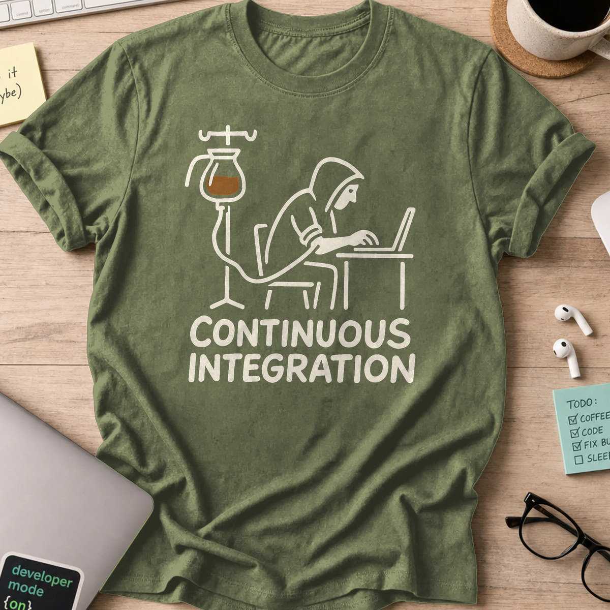 Military Green devops shirt printed with "continuous integration", a funny programmer t-shirt and coding gift for software engineers and DevOps teams.