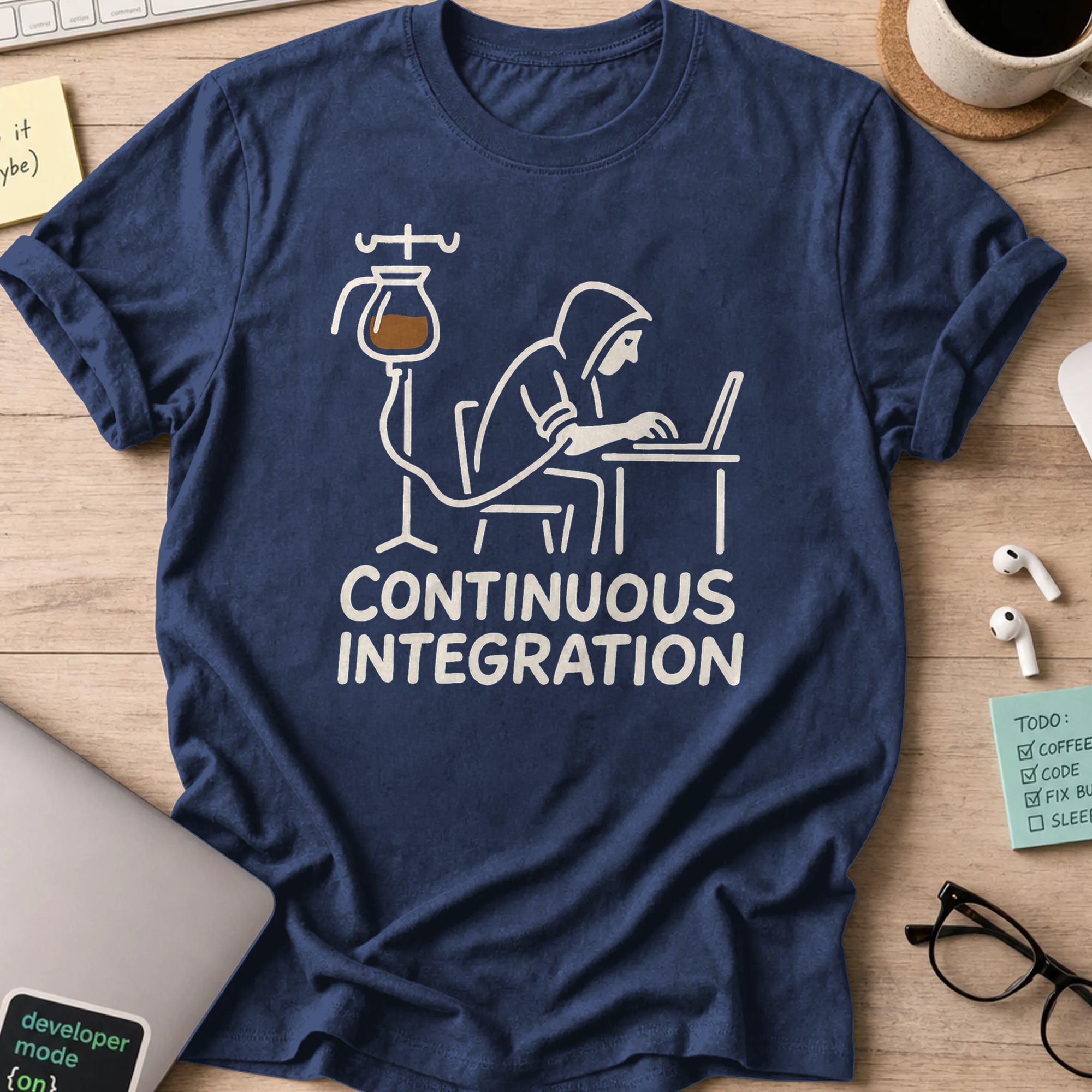 Navy devops shirt printed with "continuous integration", a funny programmer t-shirt and coding gift for software engineers and DevOps teams.