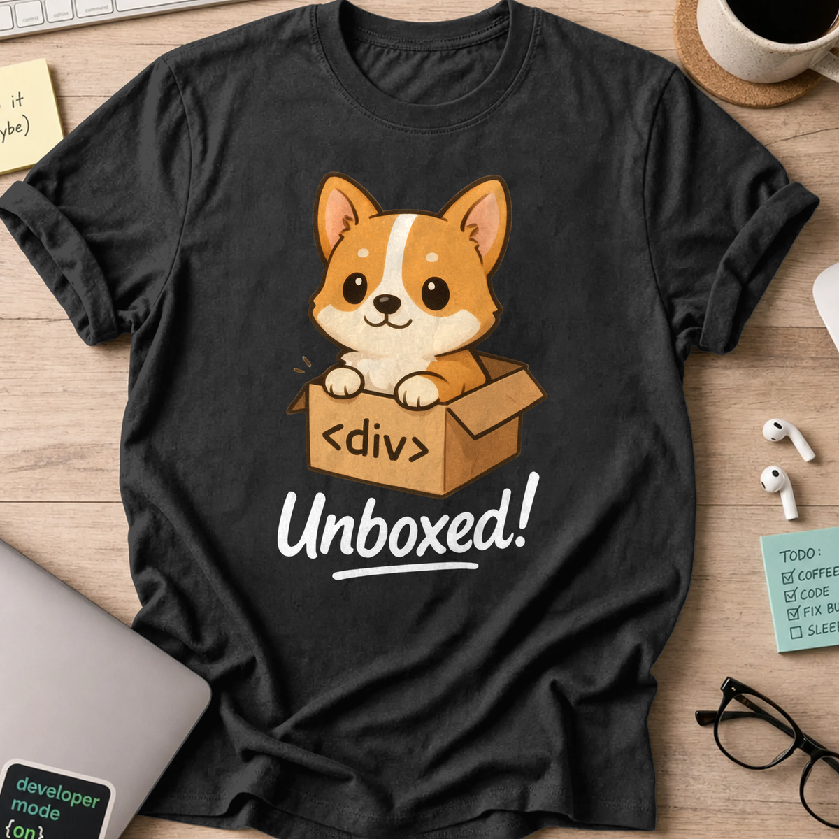 Black developer shirt printed with "corgi unboxed", a funny coding t-shirt and coding gift for frontend developers.