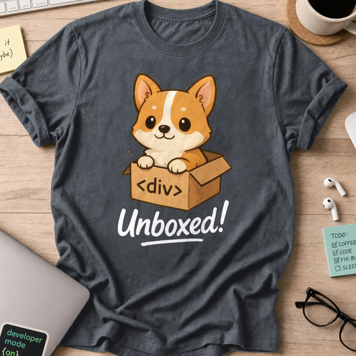 Dark Heather Grey developer shirt printed with "corgi unboxed", a funny coding t-shirt and coding gift for frontend developers.