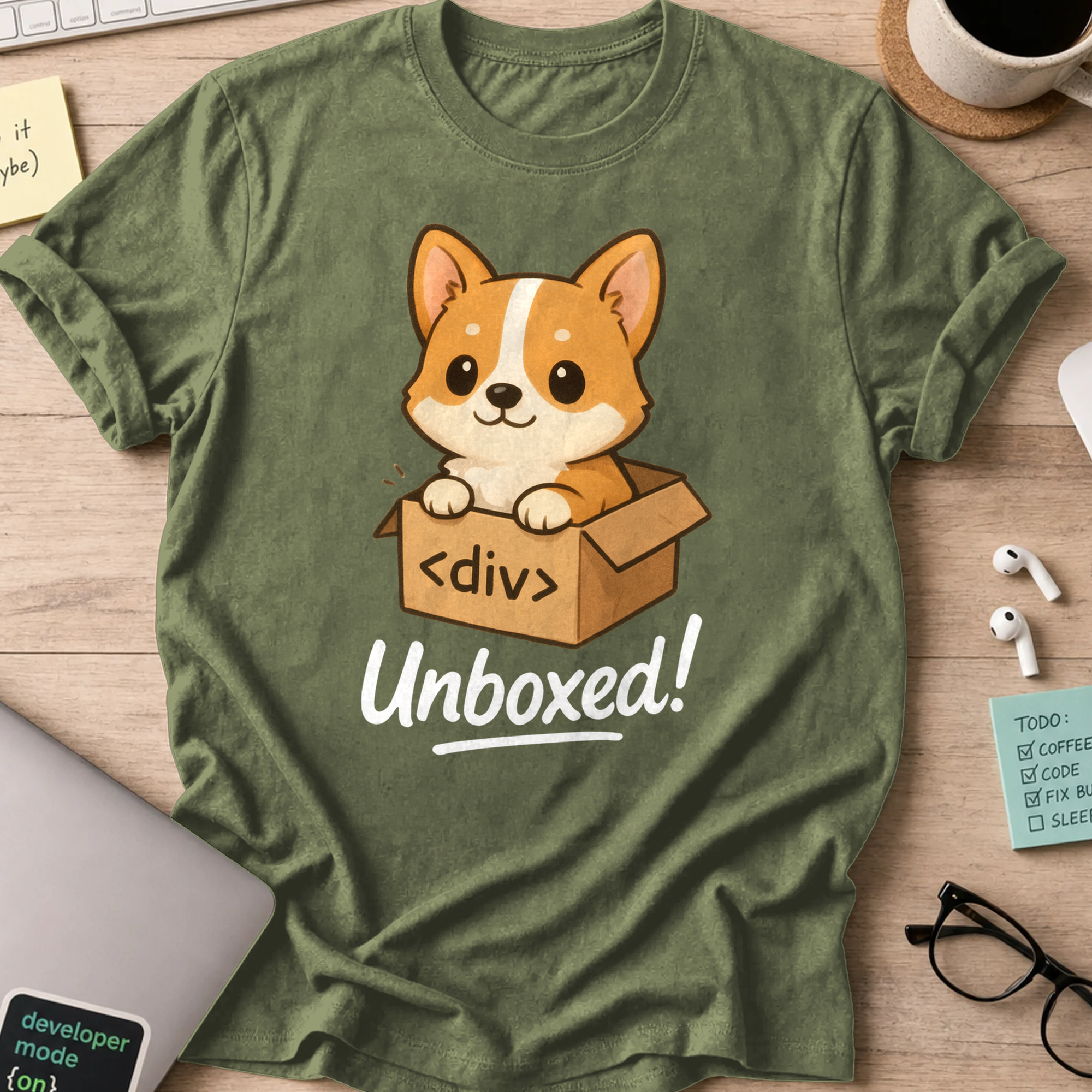 Military Green developer shirt printed with "corgi unboxed", a funny coding t-shirt and coding gift for frontend developers.