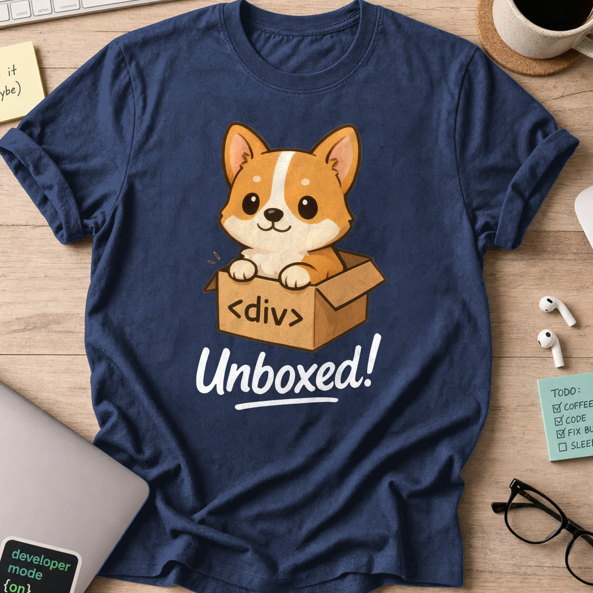 Navy developer shirt printed with "corgi unboxed", a funny coding t-shirt and coding gift for frontend developers.