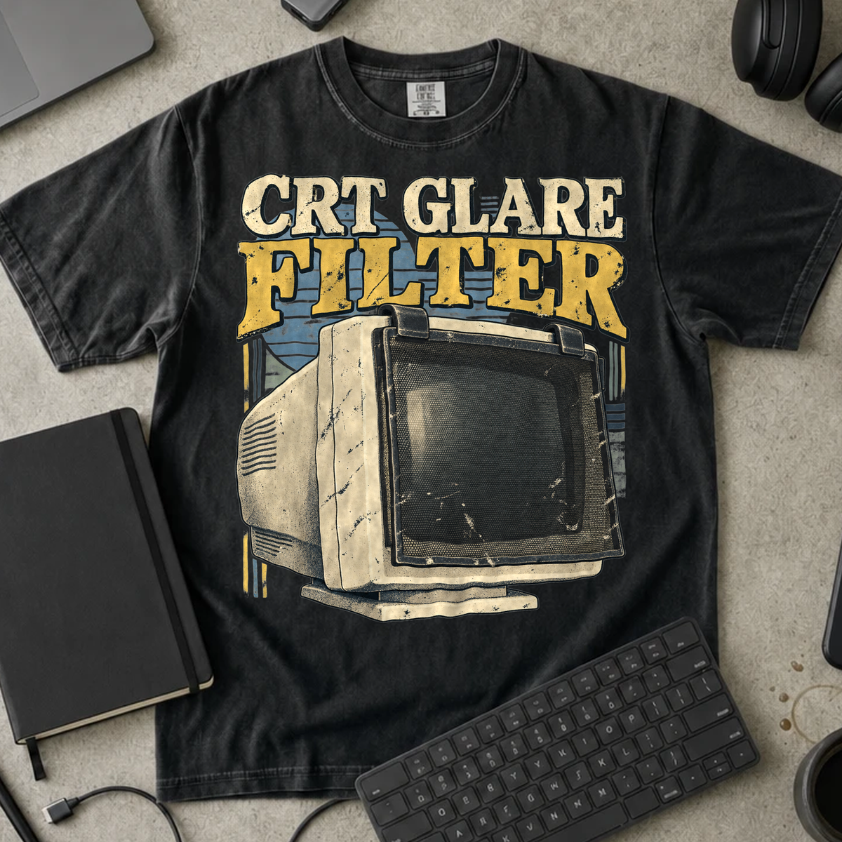 CRT Glare Filter Shirt — Black Comfort Colors 1717 flat lay