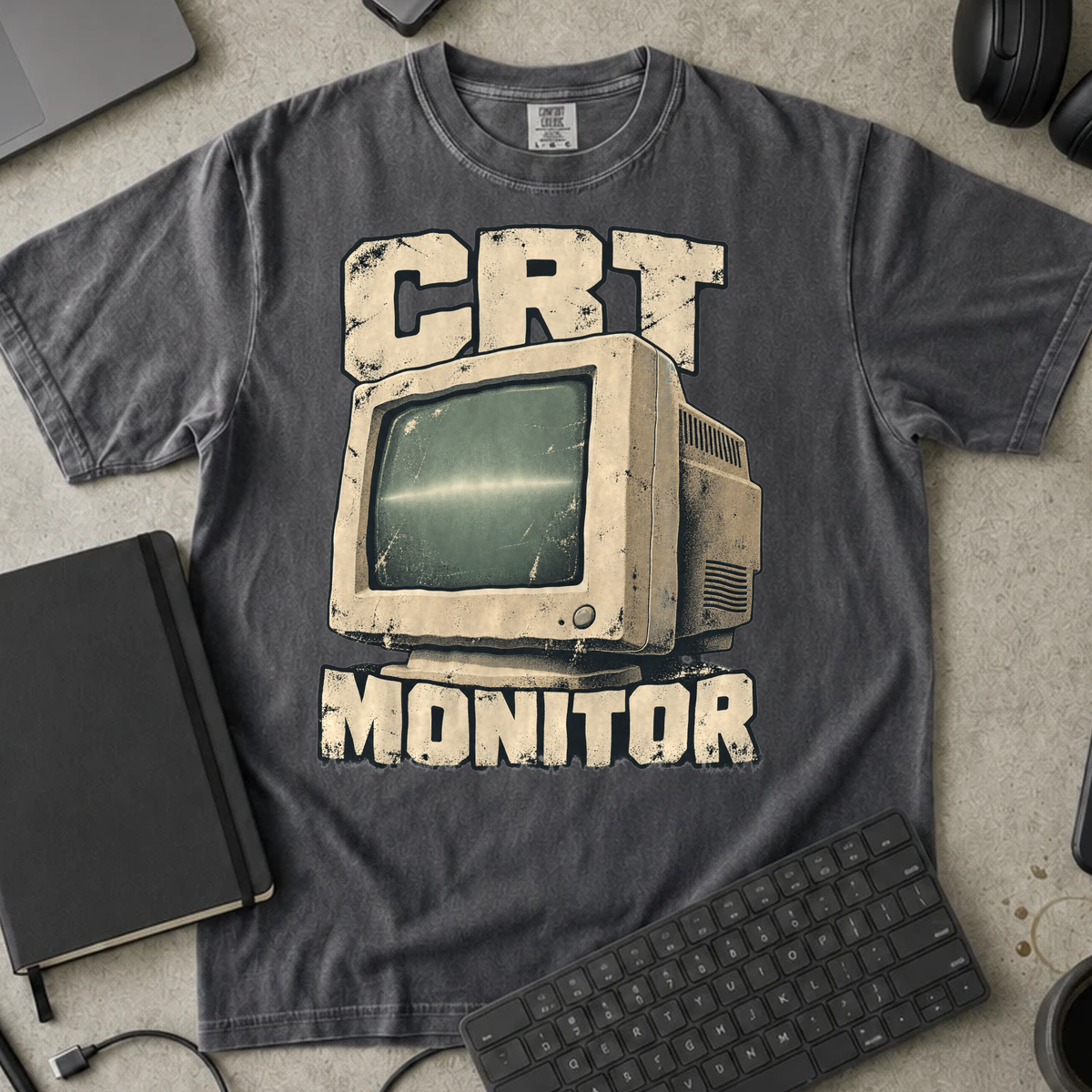 CRT Monitor Shirt — Pepper Comfort Colors 1717 flat lay