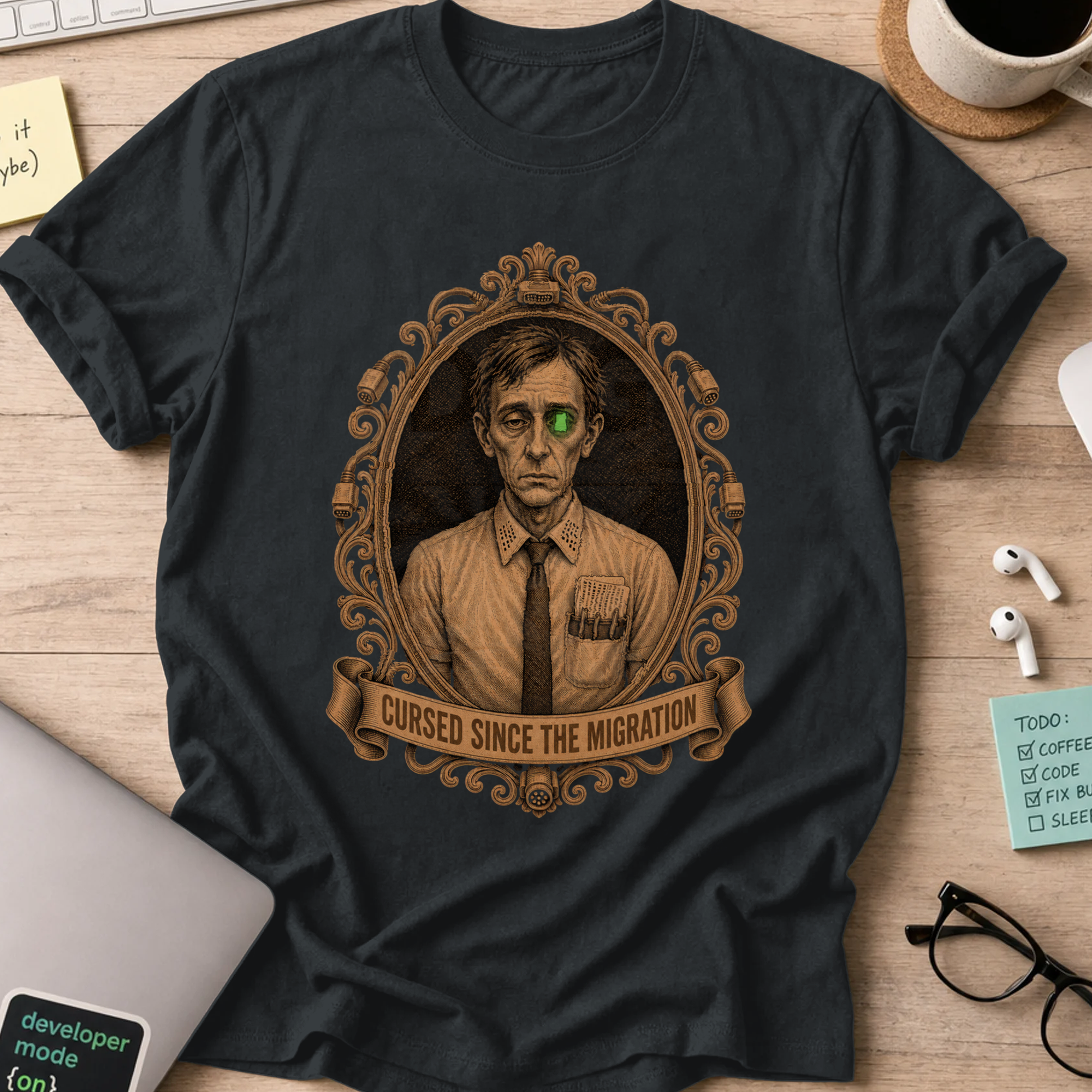 Cursed Since the Migration Shirt — Black storefront mockup