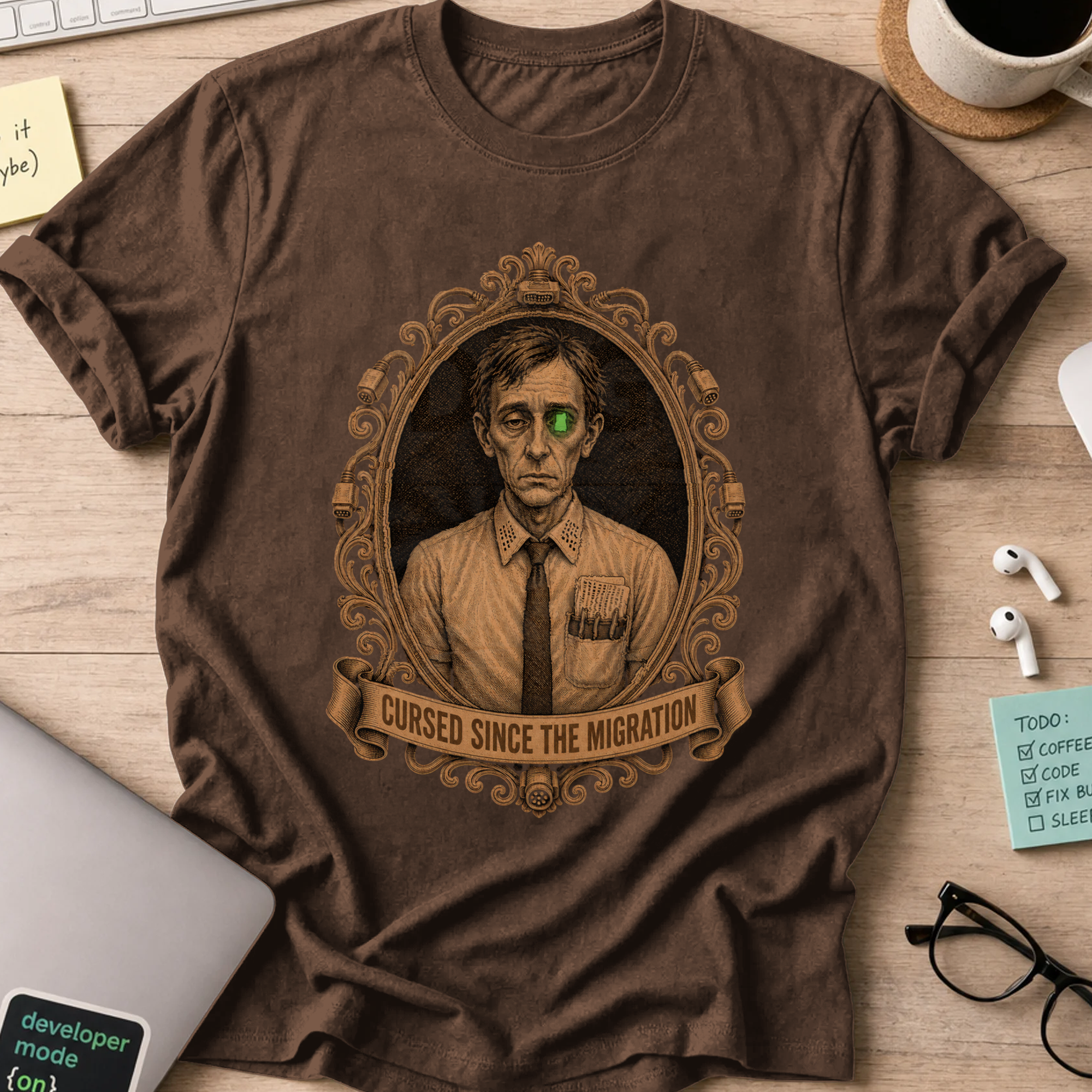 Cursed Since the Migration Shirt — Dark Chocolate storefront mockup