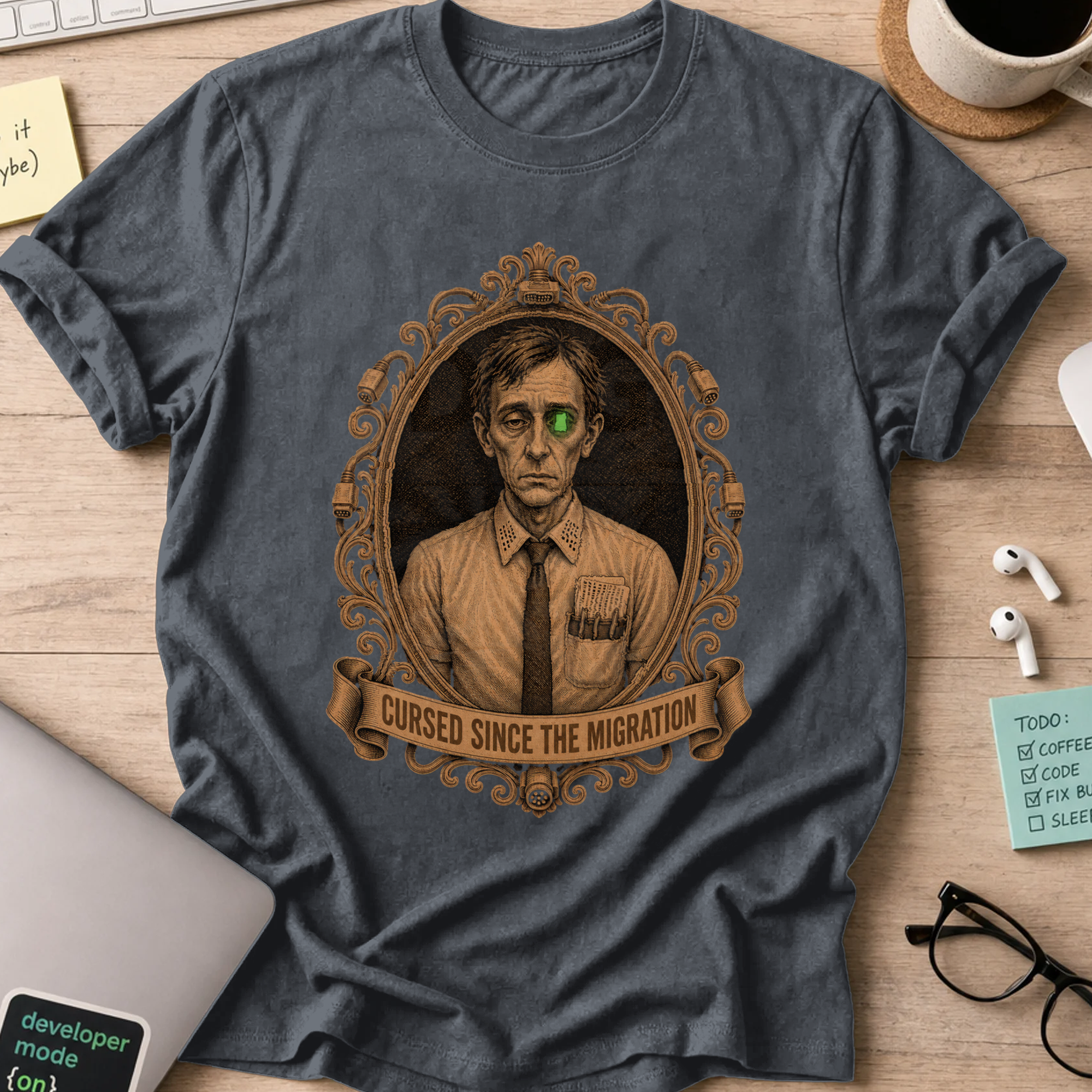 Cursed Since the Migration Shirt — Dark Heather storefront mockup