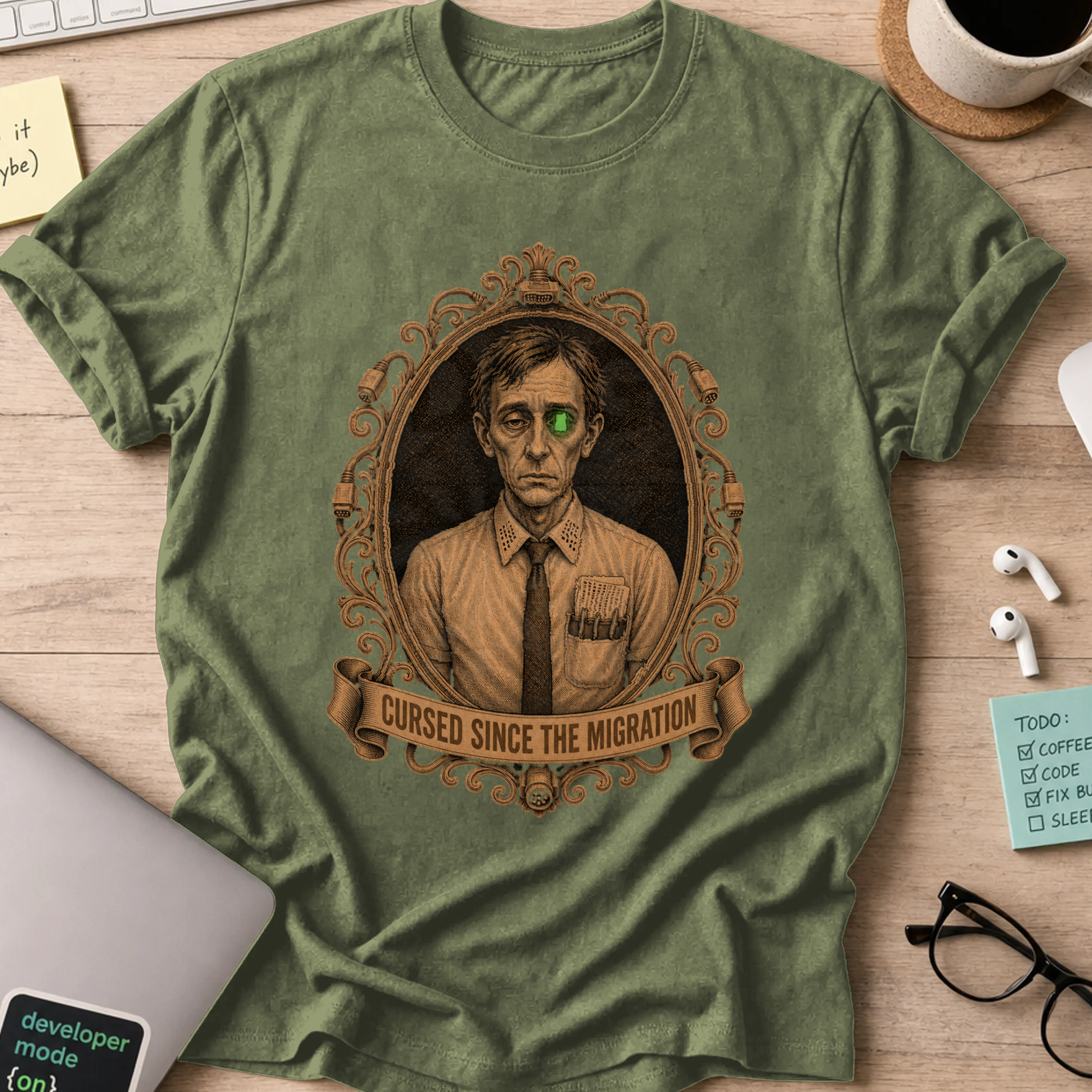 Cursed Since the Migration Shirt — Military Green storefront mockup
