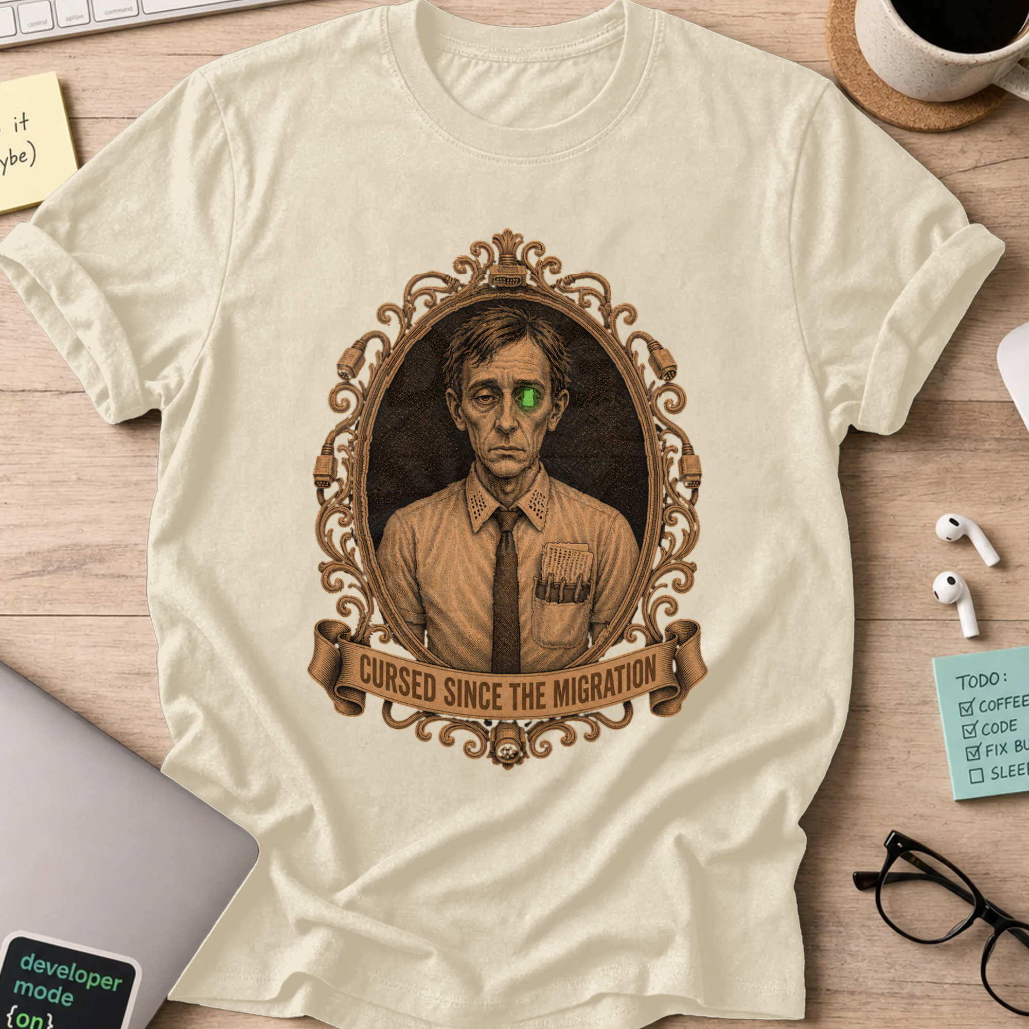 Cursed Since the Migration Shirt — Natural storefront mockup