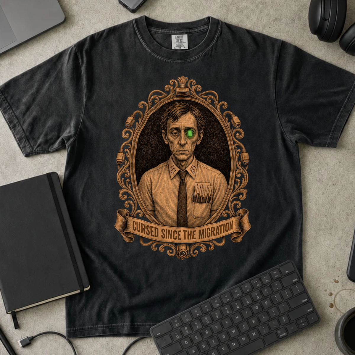 Cursed Since the Migration Shirt — Black Comfort Colors 1717 flat lay