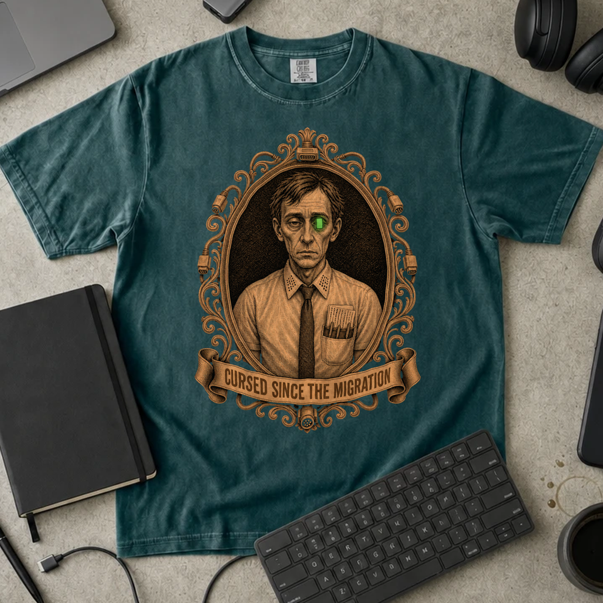 Cursed Since the Migration Shirt — Blue Spruce Comfort Colors 1717 flat lay