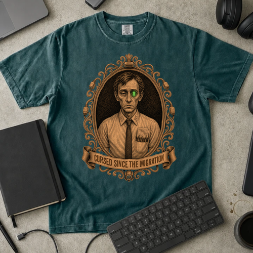 Cursed Since the Migration Shirt — Blue Spruce Comfort Colors 1717 flat lay