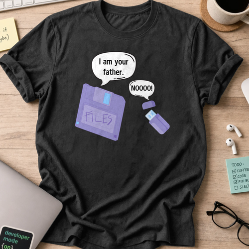 Black programmer shirt printed with "daddy diskette and baby usb", a funny developer t-shirt and gift for the programmer dad in your life.