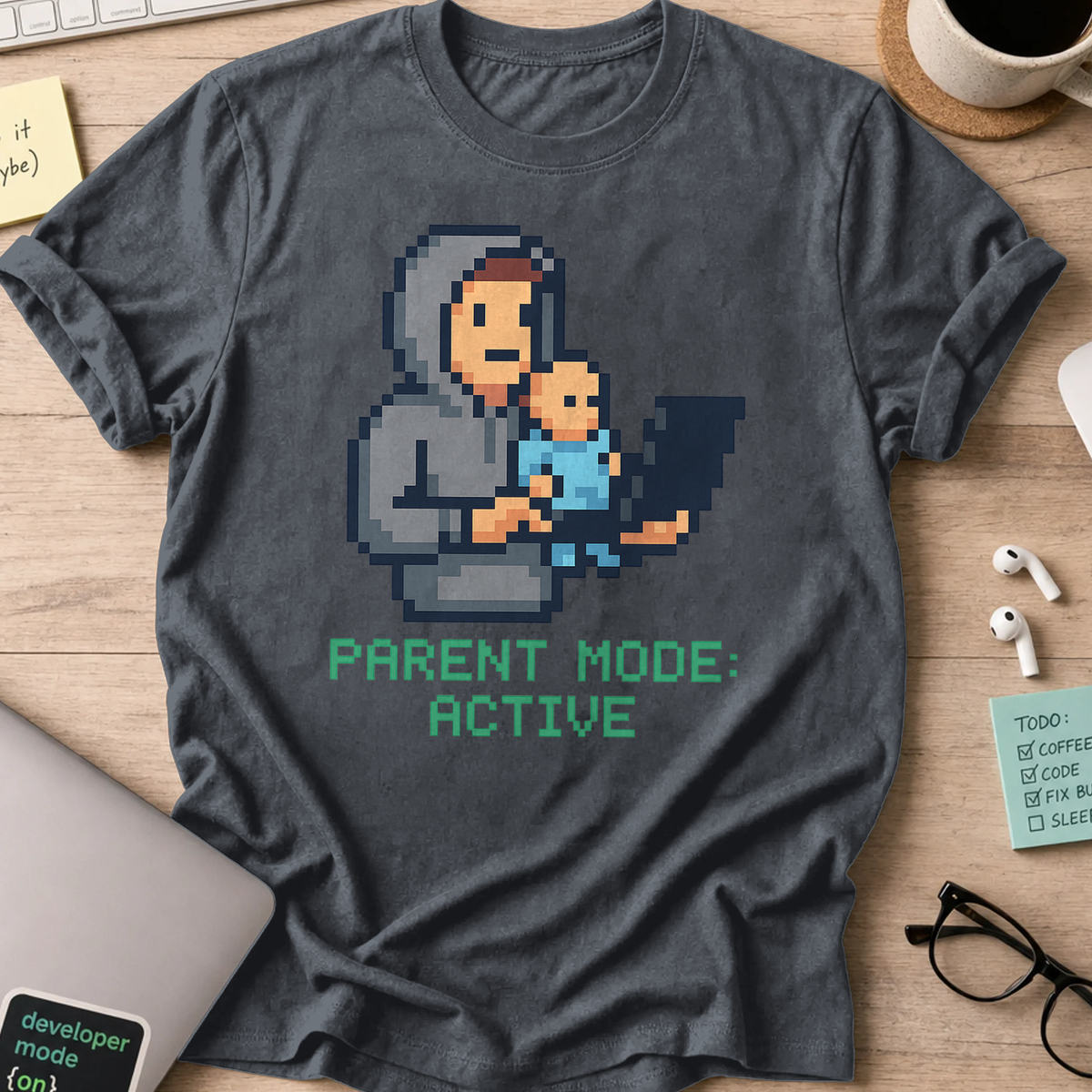 Dark Heather Grey programmer shirt printed with "DAD parent mode active", a funny developer t-shirt and gift for the programmer dad in your life.