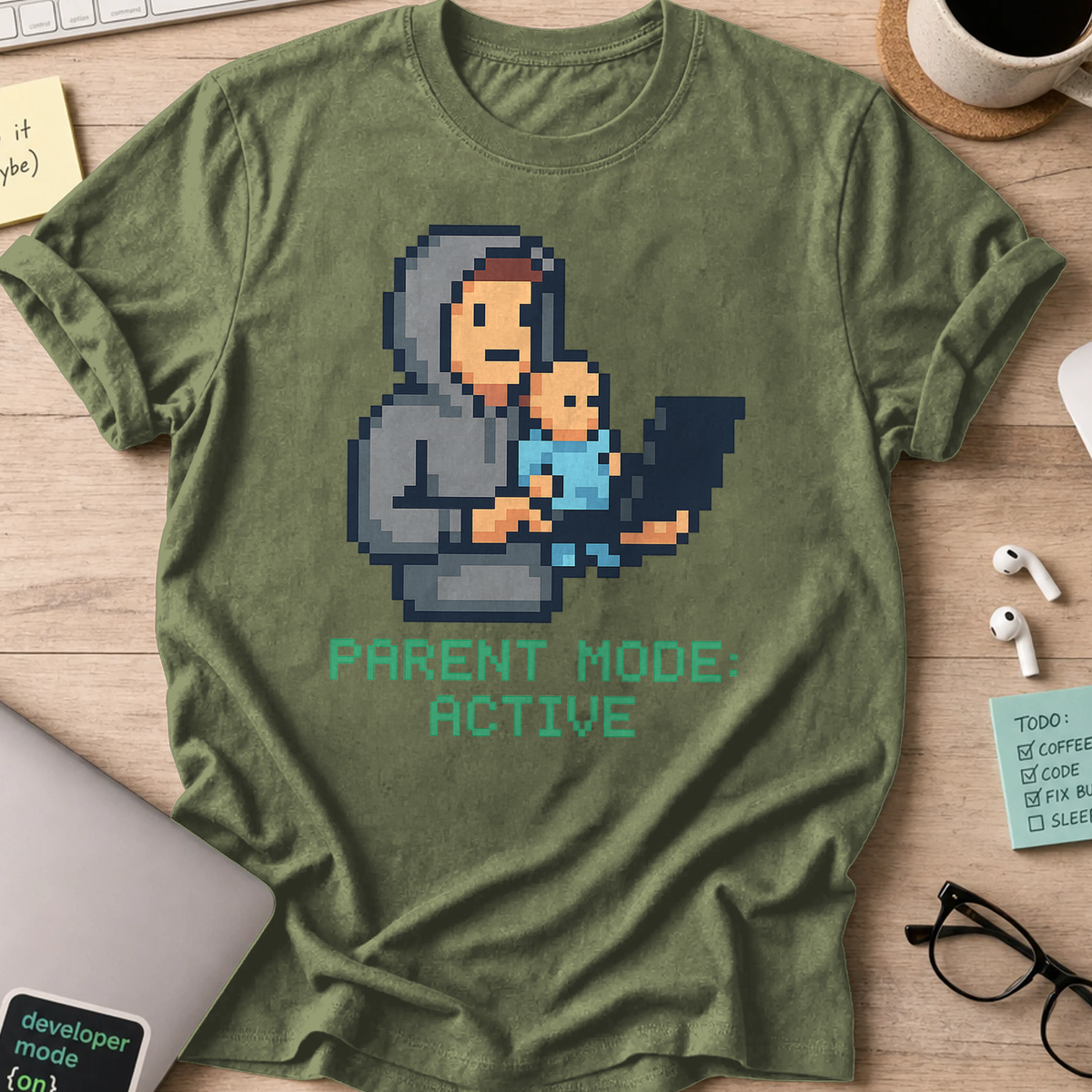 Military Green programmer shirt printed with "DAD parent mode active", a funny developer t-shirt and gift for the programmer dad in your life.