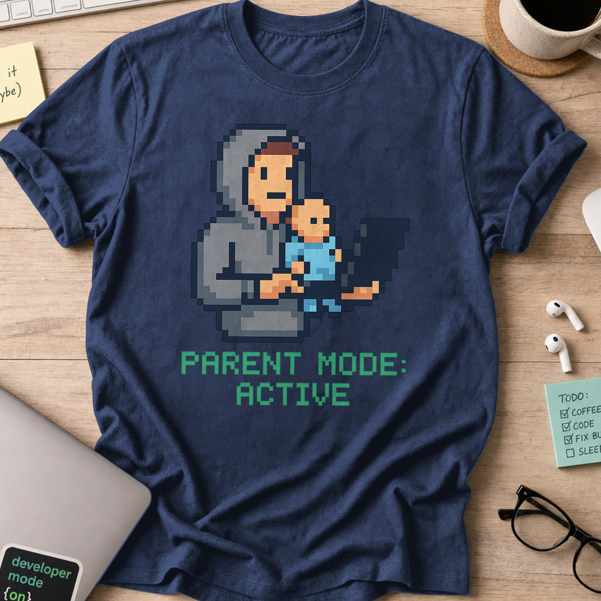 Navy programmer shirt printed with "DAD parent mode active", a funny developer t-shirt and gift for the programmer dad in your life.