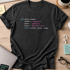 Black programmer shirt printed with "daily.intake()", a funny developer t-shirt and coding gift for software engineers and coders.