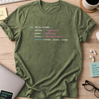 Military Green programmer shirt printed with "daily.intake()", a funny developer t-shirt and coding gift for software engineers and coders.