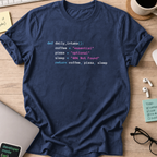 Navy programmer shirt printed with "daily.intake()", a funny developer t-shirt and coding gift for software engineers and coders.