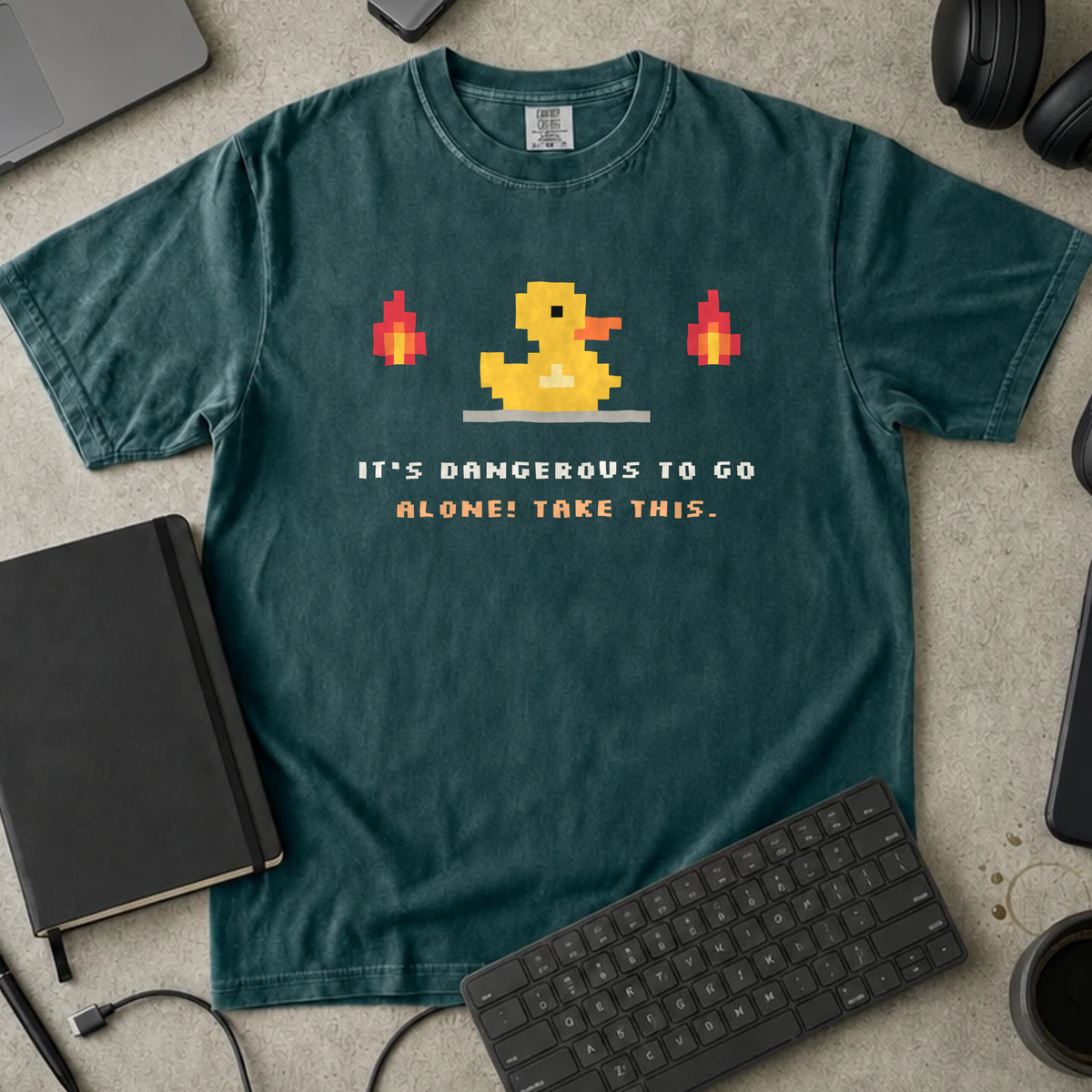 It's Dangerous to Go Alone! Take This. Shirt — Blue Spruce Comfort Colors 1717 flat lay