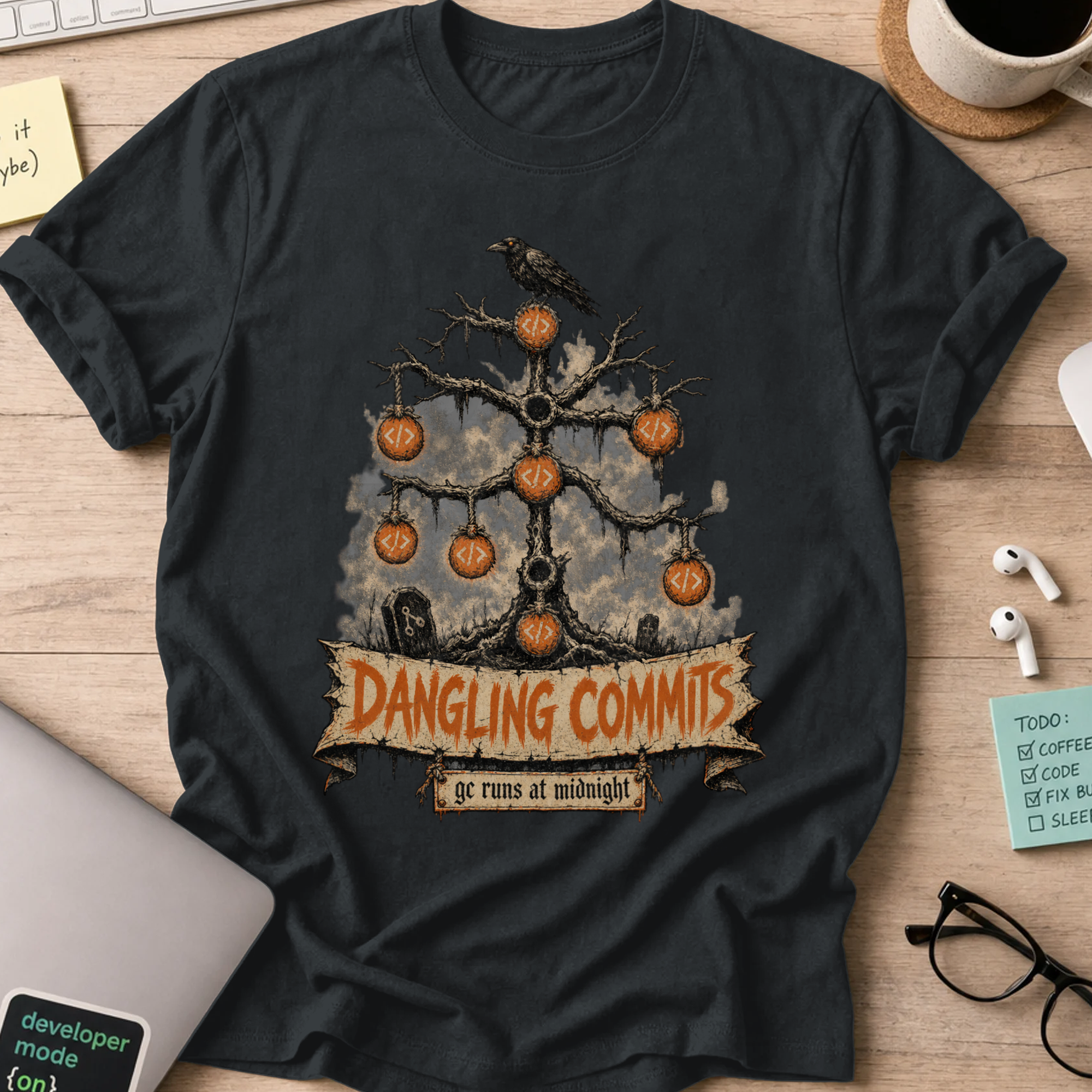 Dangling Commits Shirt — Black storefront mockup