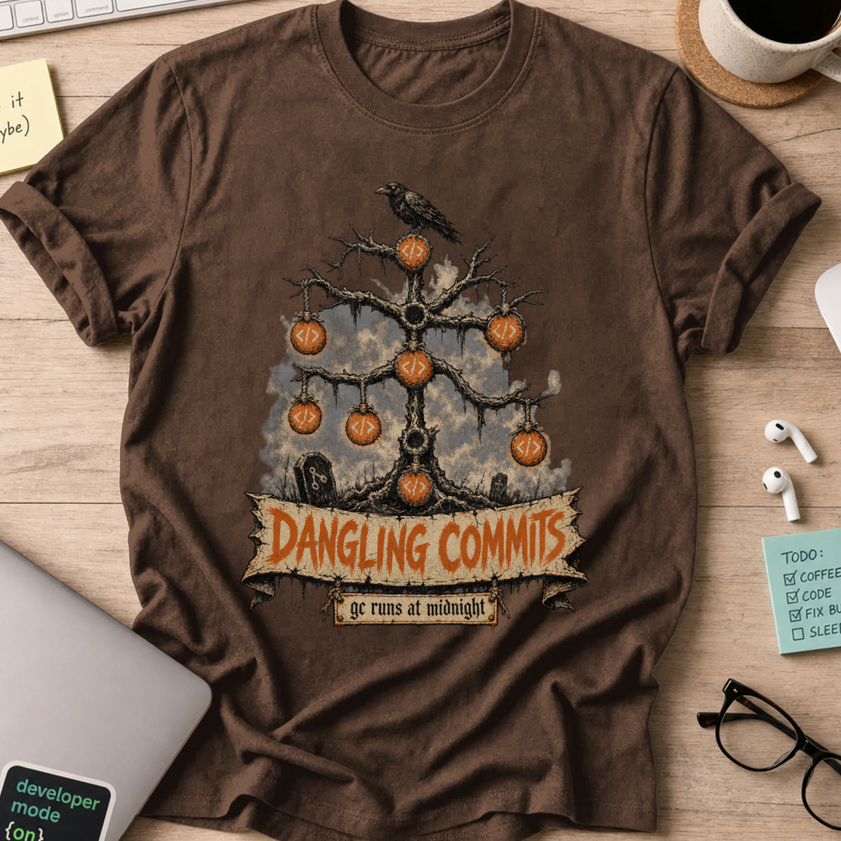 Dangling Commits Shirt — Dark Chocolate storefront mockup
