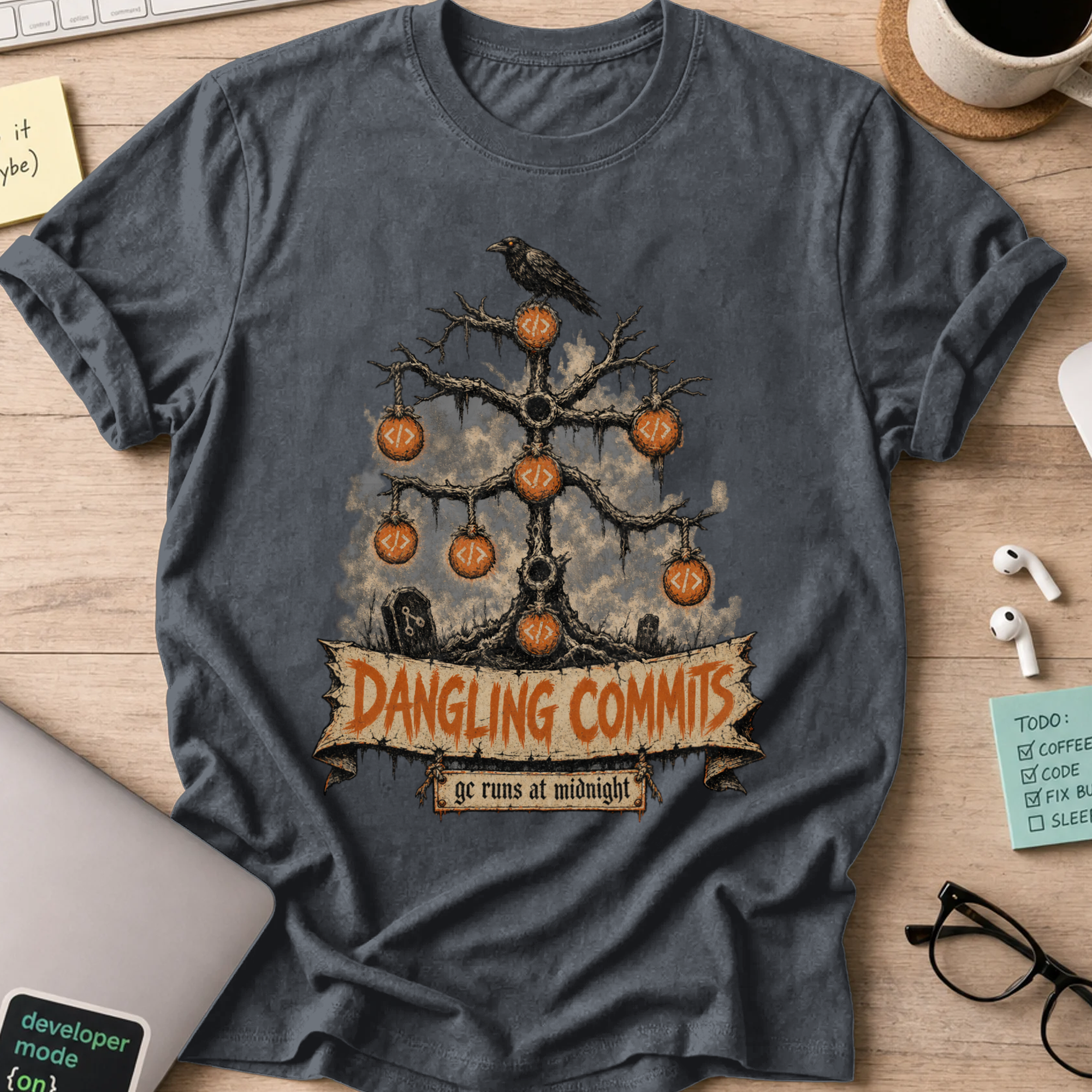 Dangling Commits Shirt — Dark Heather storefront mockup