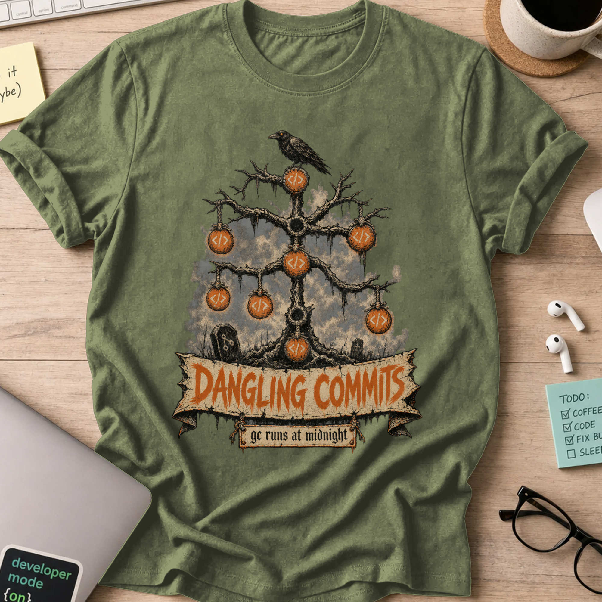 Dangling Commits Shirt — Military Green storefront mockup