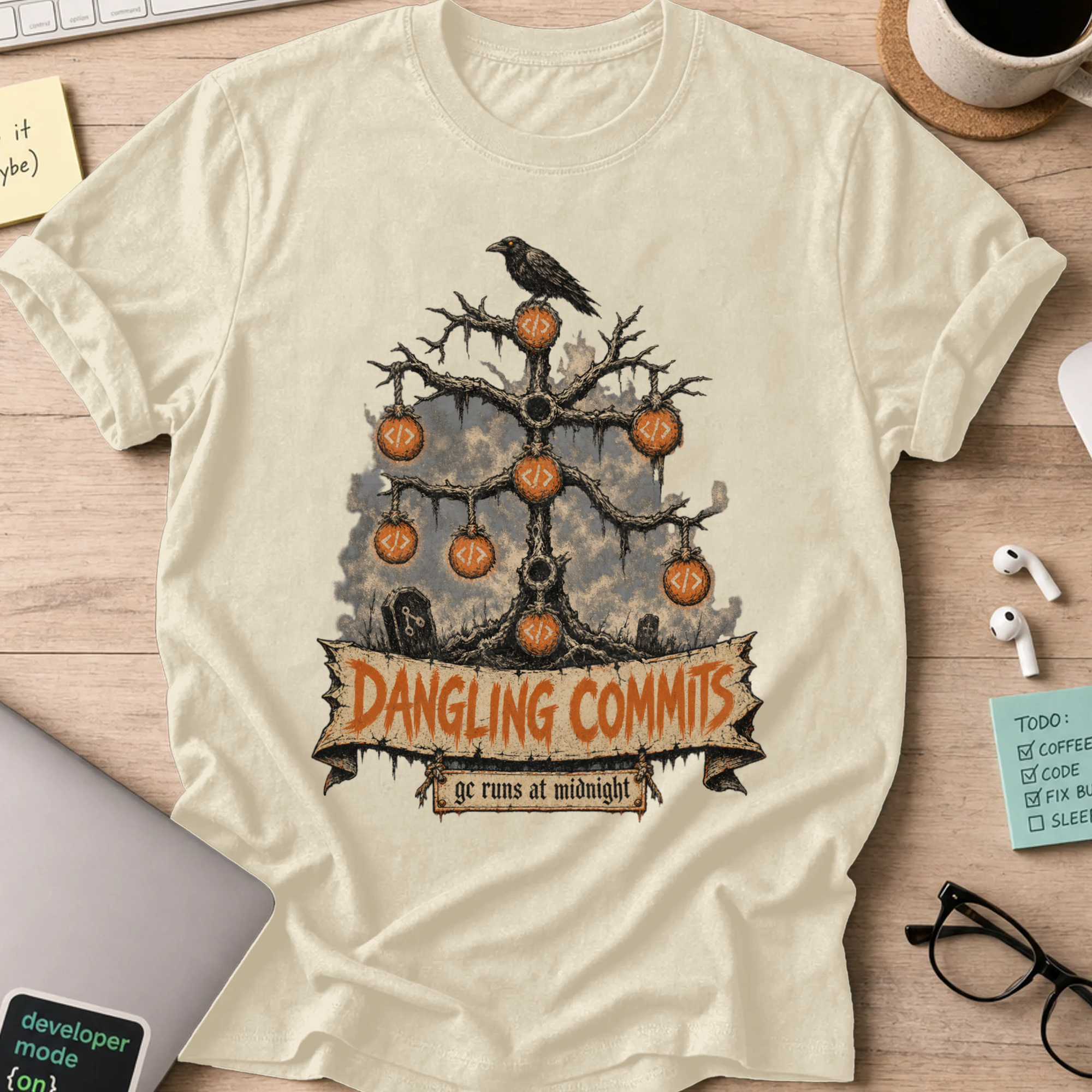 Dangling Commits Shirt — Natural storefront mockup