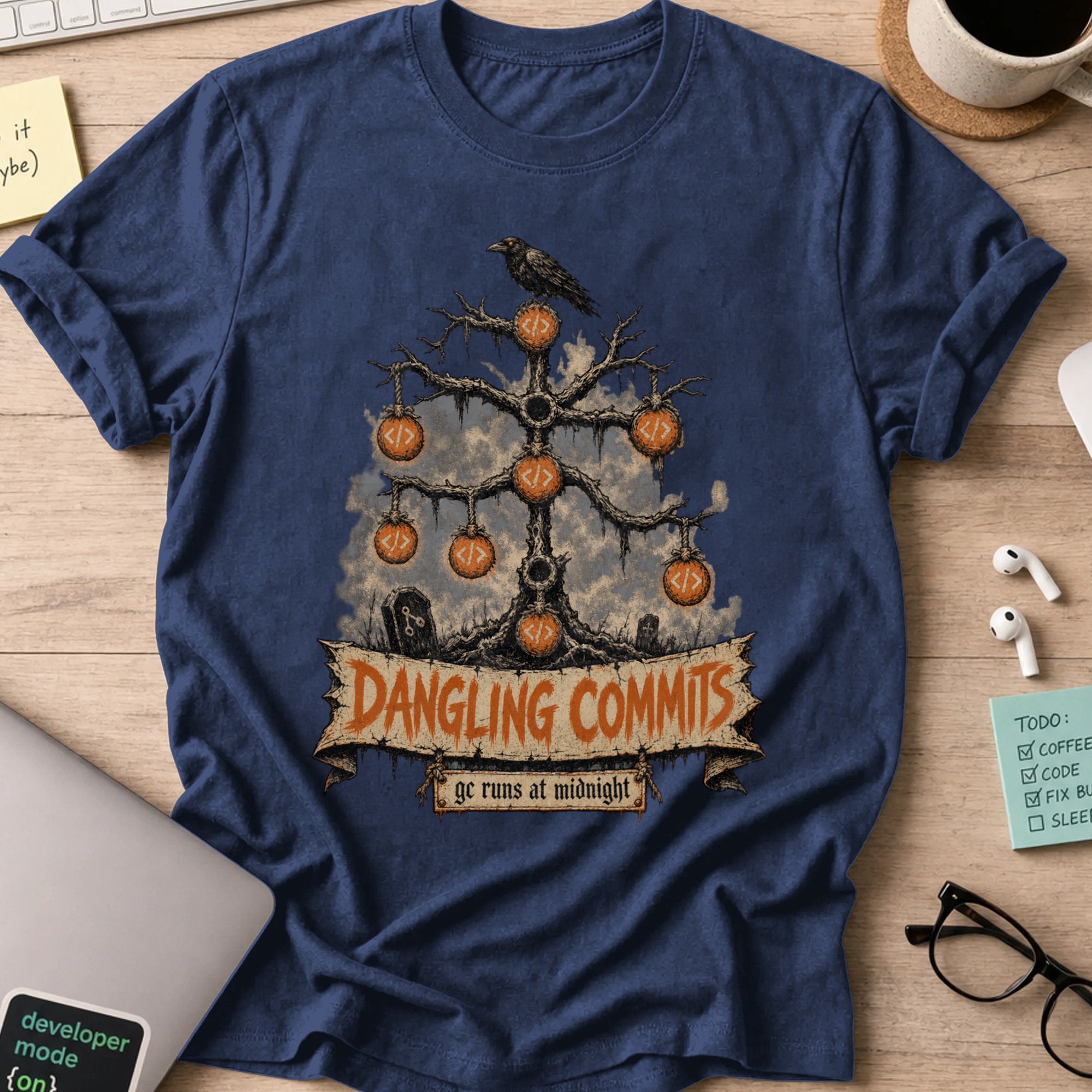 Dangling Commits Shirt — Navy storefront mockup