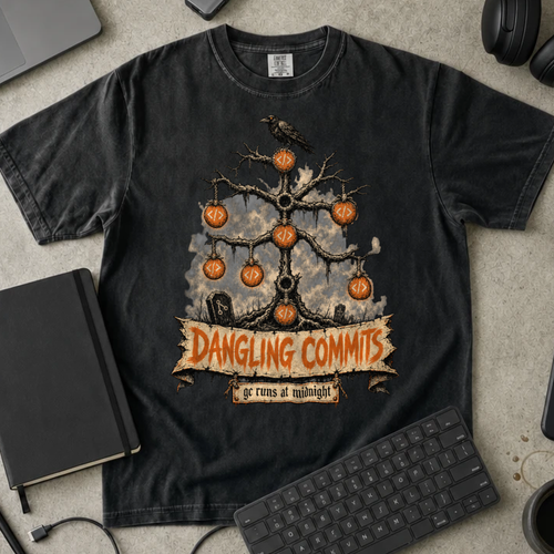 Dangling Commits Shirt — Black Comfort Colors 1717 flat lay