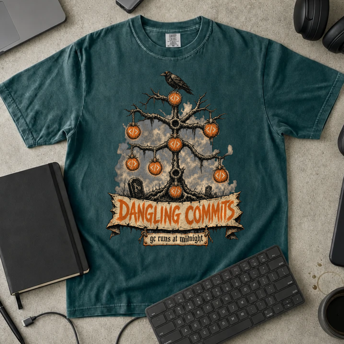 Dangling Commits Shirt — Blue Spruce Comfort Colors 1717 flat lay