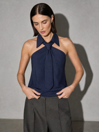 Polo Collar Tie Shirt Women's Design Vest - Dark Blue Premium Fabric Finish Adjusting