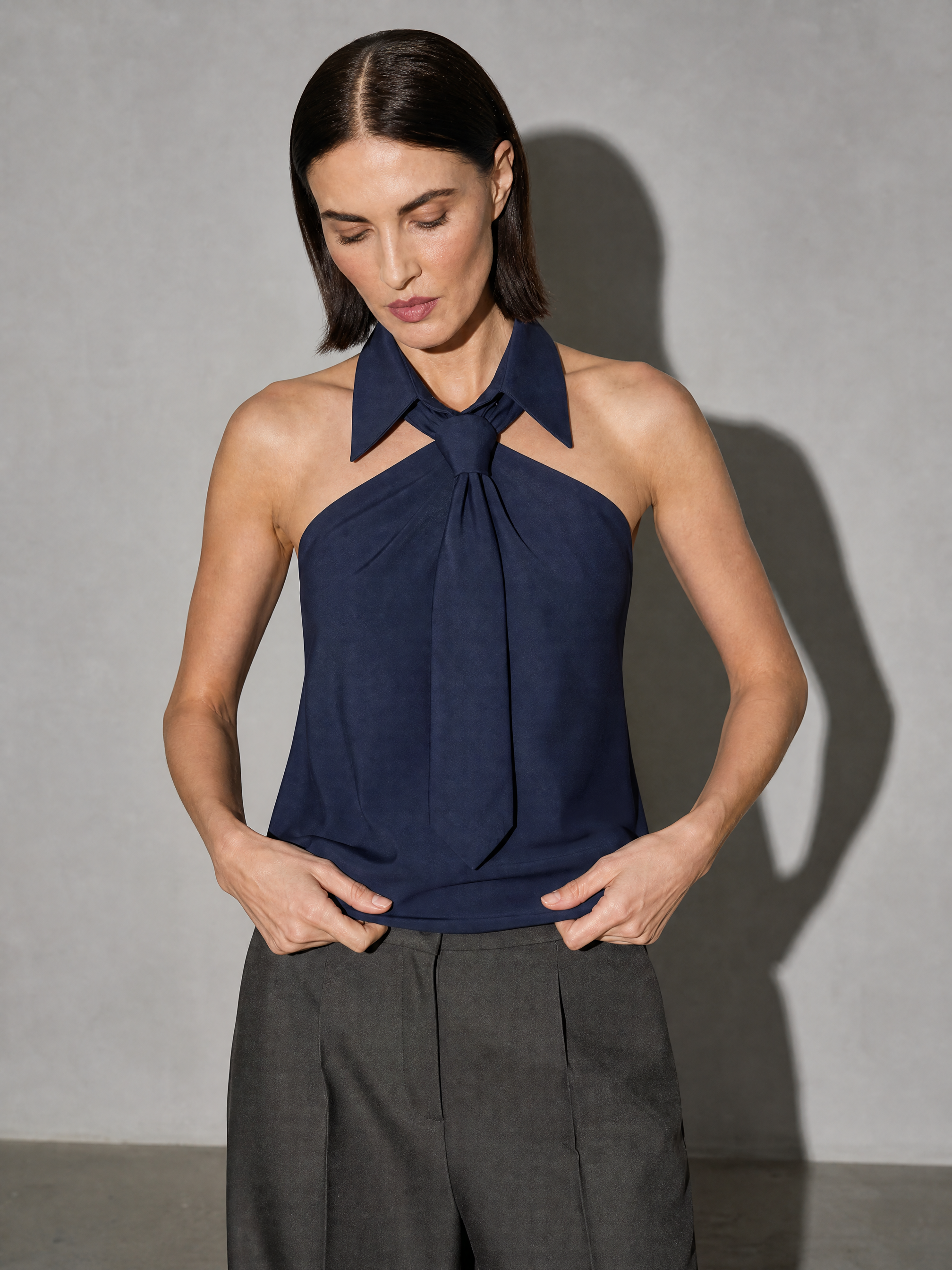 Polo Collar Tie Shirt Women's Design Vest - Dark Blue Premium Fabric Finish Adjusting