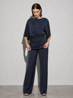 Relaxed-fit Top And High-waisted Wide-leg Pants Two-piece Set - Dark Blue Premium Fabric Finish Adjusting