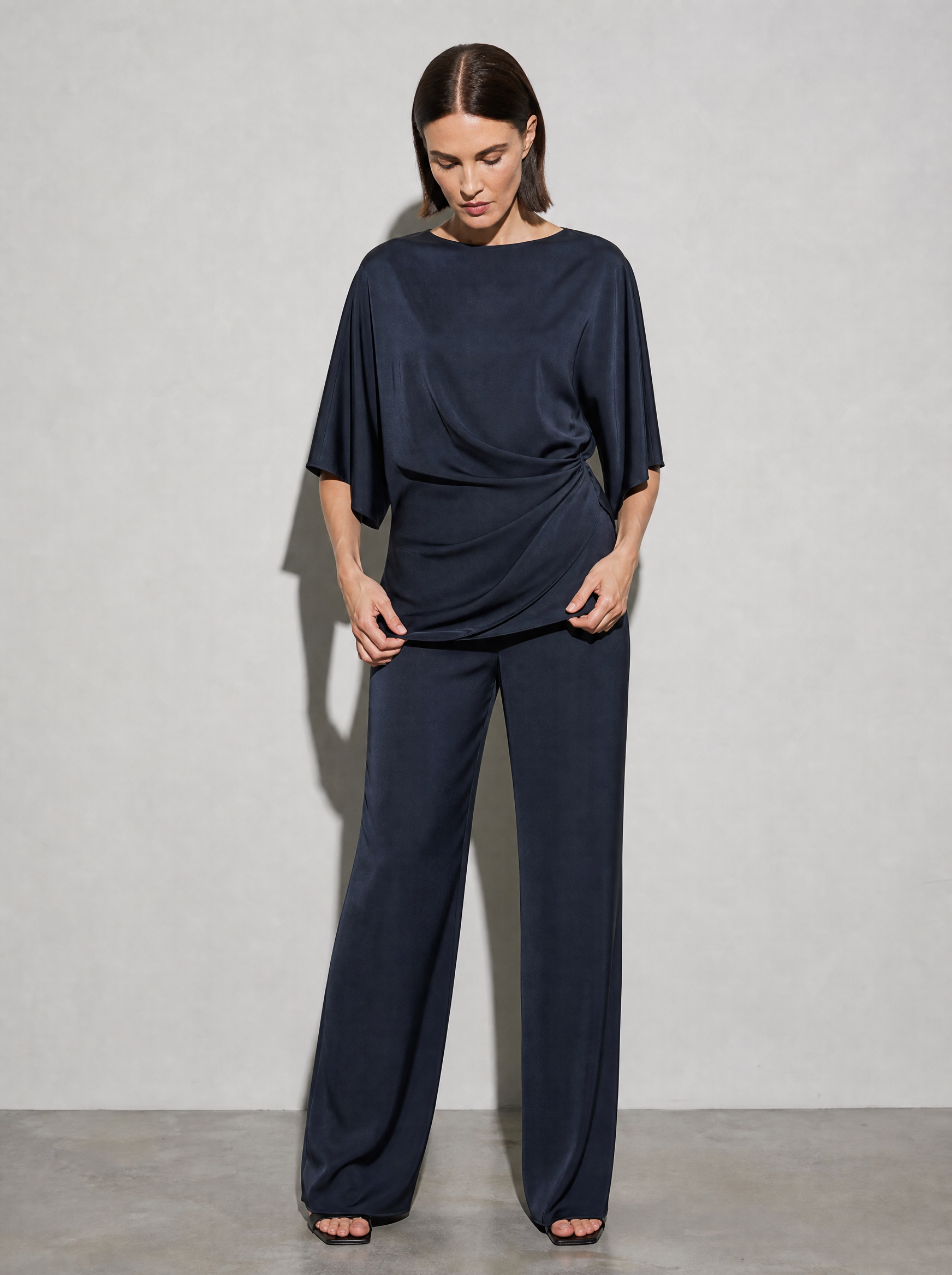 Relaxed-fit Top And High-waisted Wide-leg Pants Two-piece Set - Dark Blue Premium Fabric Finish Adjusting