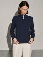 New Chinese-style Mandarin-collar Long-sleeve Blouse Niche Office-chic Top For Women - Dark Blue Premium Fabric Finish Adjusting
