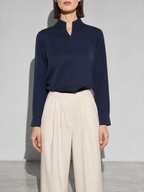 New Chinese-style Mandarin-collar Long-sleeve Blouse Niche Office-chic Top For Women - Dark Blue Premium Fabric Finish Bust To Thigh