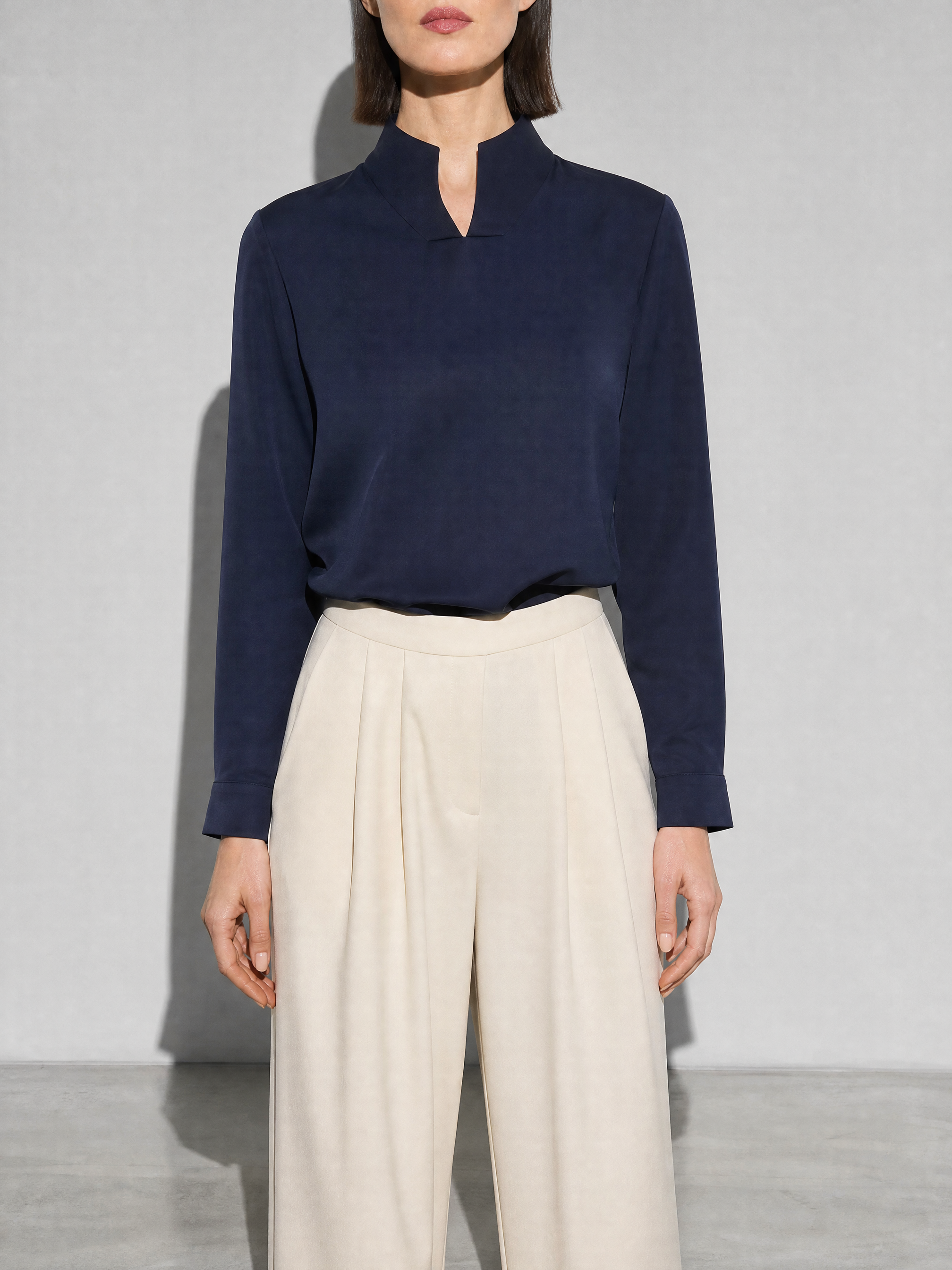 New Chinese-style Mandarin-collar Long-sleeve Blouse Niche Office-chic Top For Women - Dark Blue Premium Fabric Finish Bust To Thigh