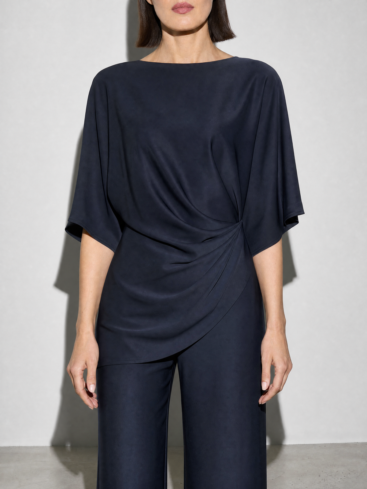 Relaxed-fit Top And High-waisted Wide-leg Pants Two-piece Set - Dark Blue Premium Fabric Finish Bust To Thigh