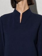 New Chinese-style Mandarin-collar Long-sleeve Blouse Niche Office-chic Top For Women - Dark Blue Premium Fabric Finish Macro
