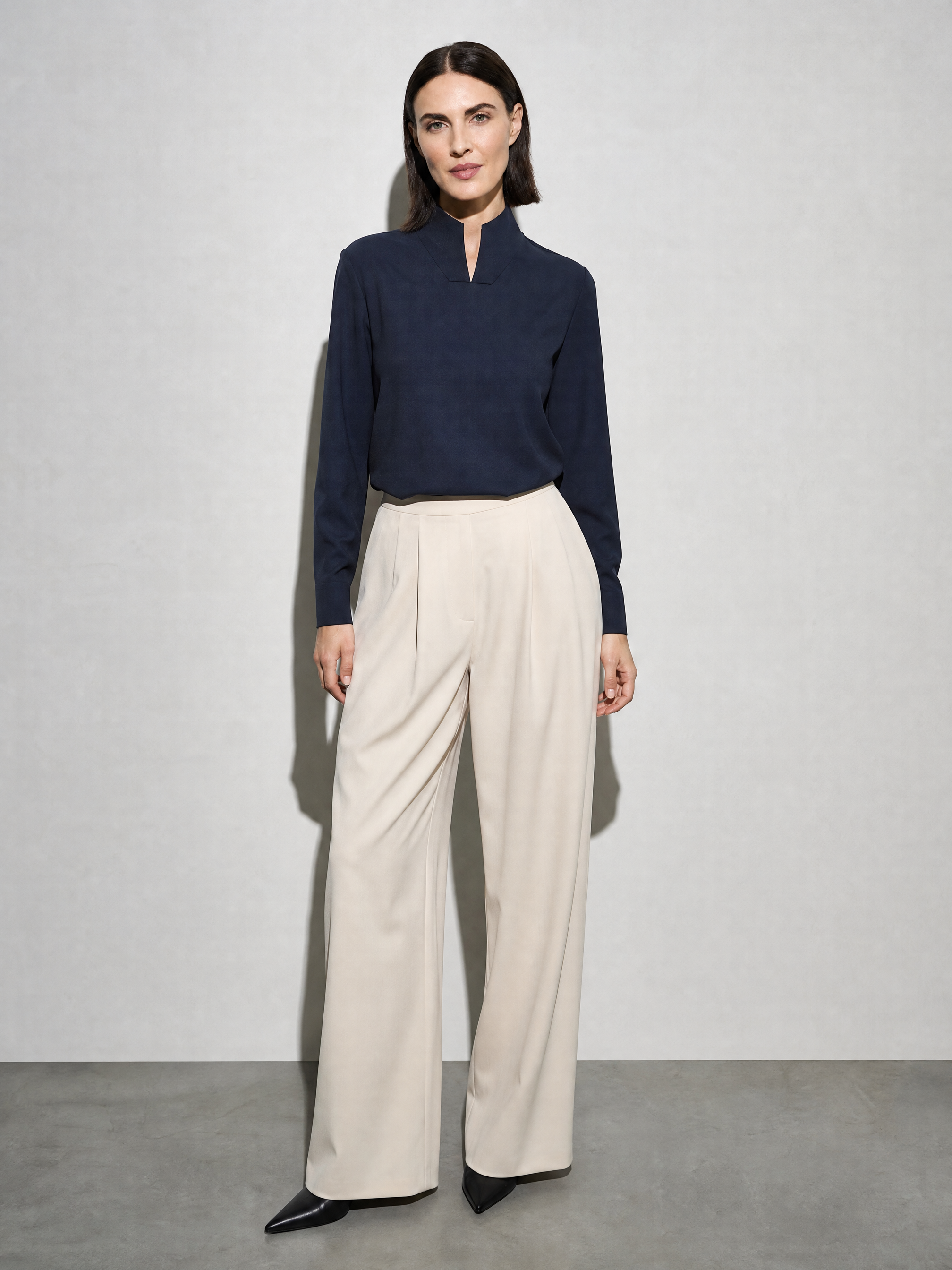 New Chinese-style Mandarin-collar Long-sleeve Blouse Niche Office-chic Top For Women - Dark Blue Premium Fabric Finish Main