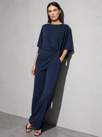 Relaxed-fit Top And High-waisted Wide-leg Pants Two-piece Set - Dark Blue Premium Fabric Finish Seated Or Lean
