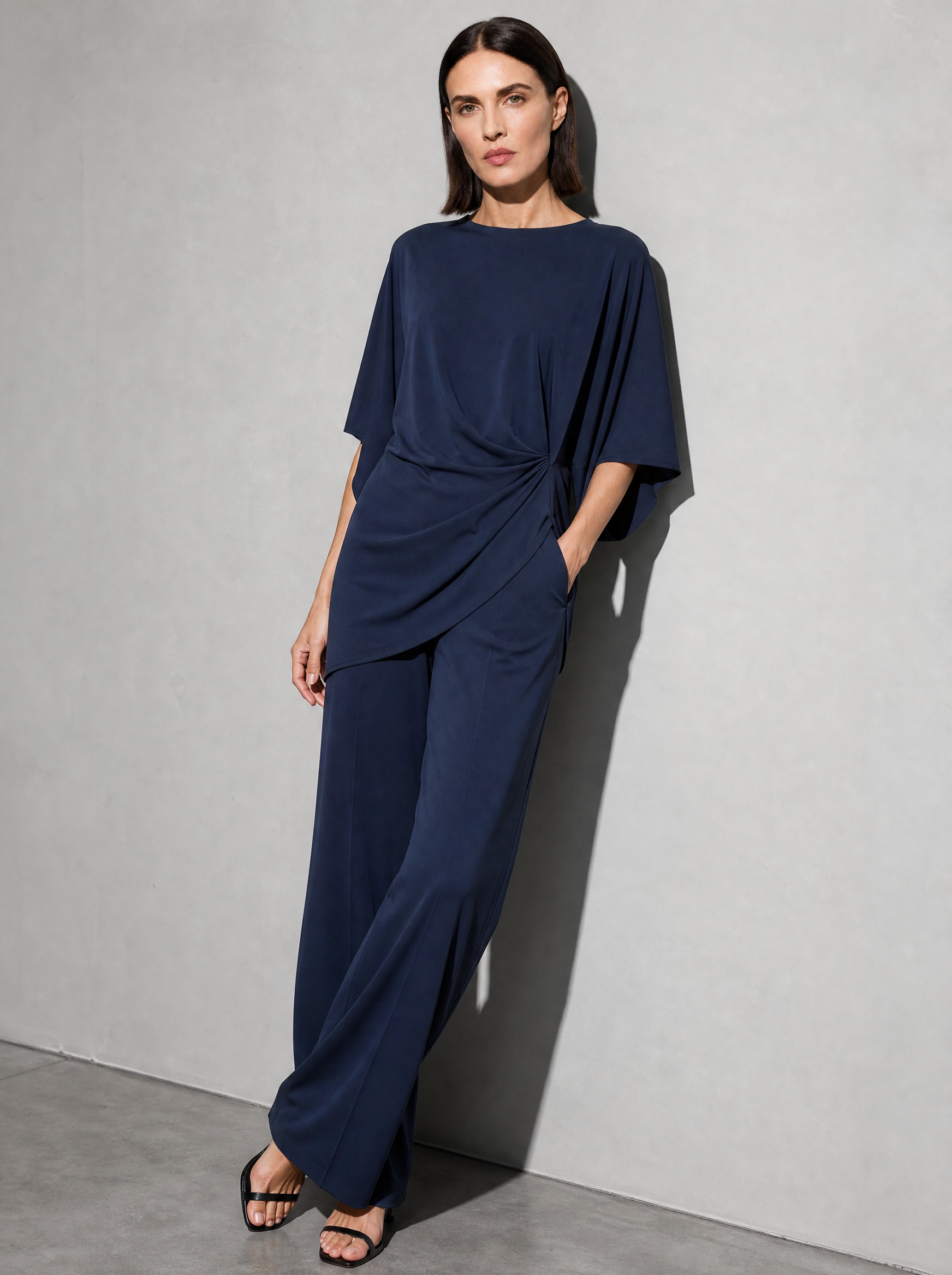 Relaxed-fit Top And High-waisted Wide-leg Pants Two-piece Set - Dark Blue Premium Fabric Finish Seated Or Lean